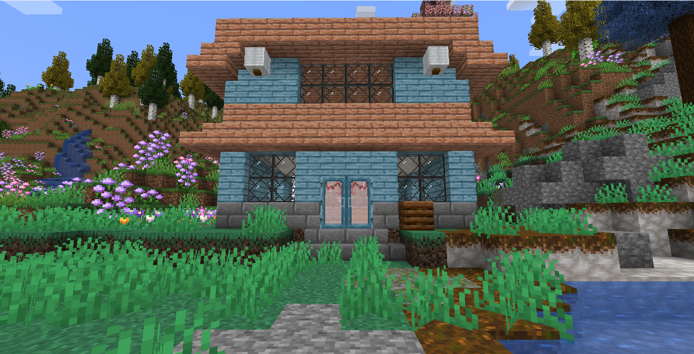 a light pink and light blue house in a minecraft world, with a flat roof, a mini roof lower down, and framed glass windows. This is a modded copy of minecraft.